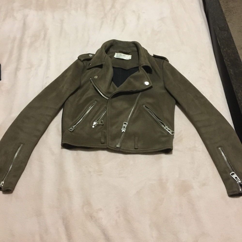 Small Zara Olive Green Faux Suede Biker Jacket
